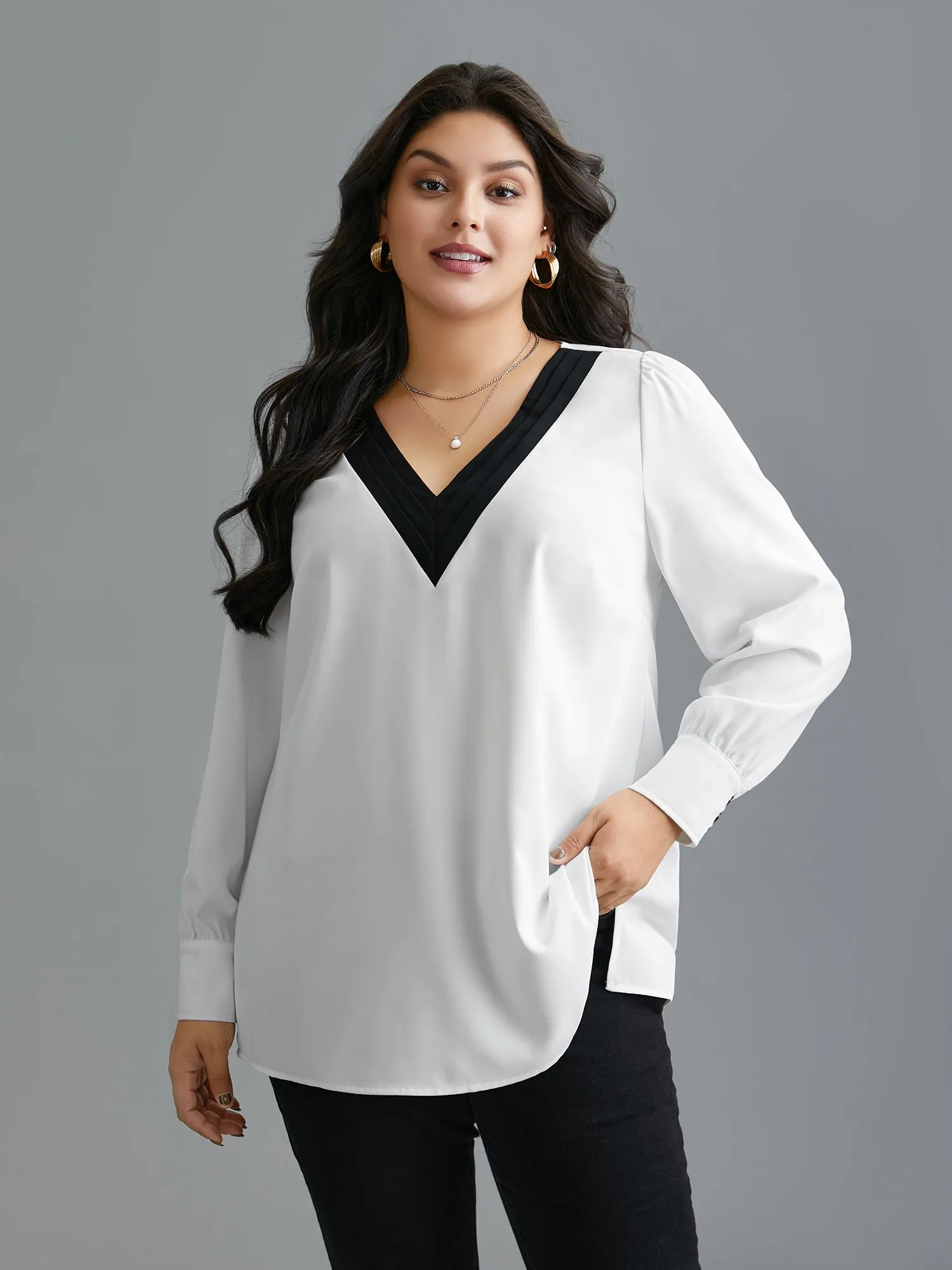 V-Neck Patchwork Contrast Blouse sold by Bloomchic product image thumbnail 4