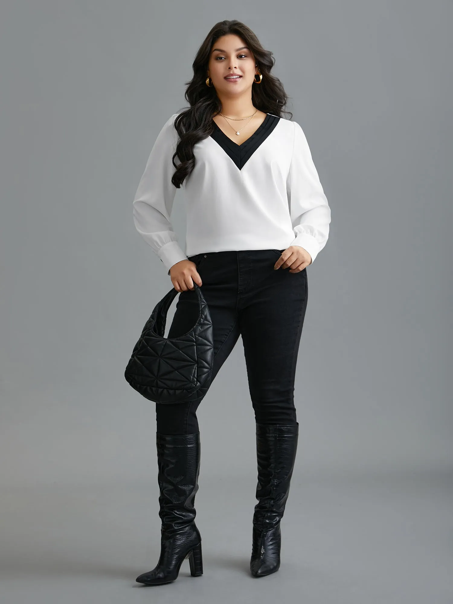 V-Neck Patchwork Contrast Blouse sold by Bloomchic product image thumbnail 2