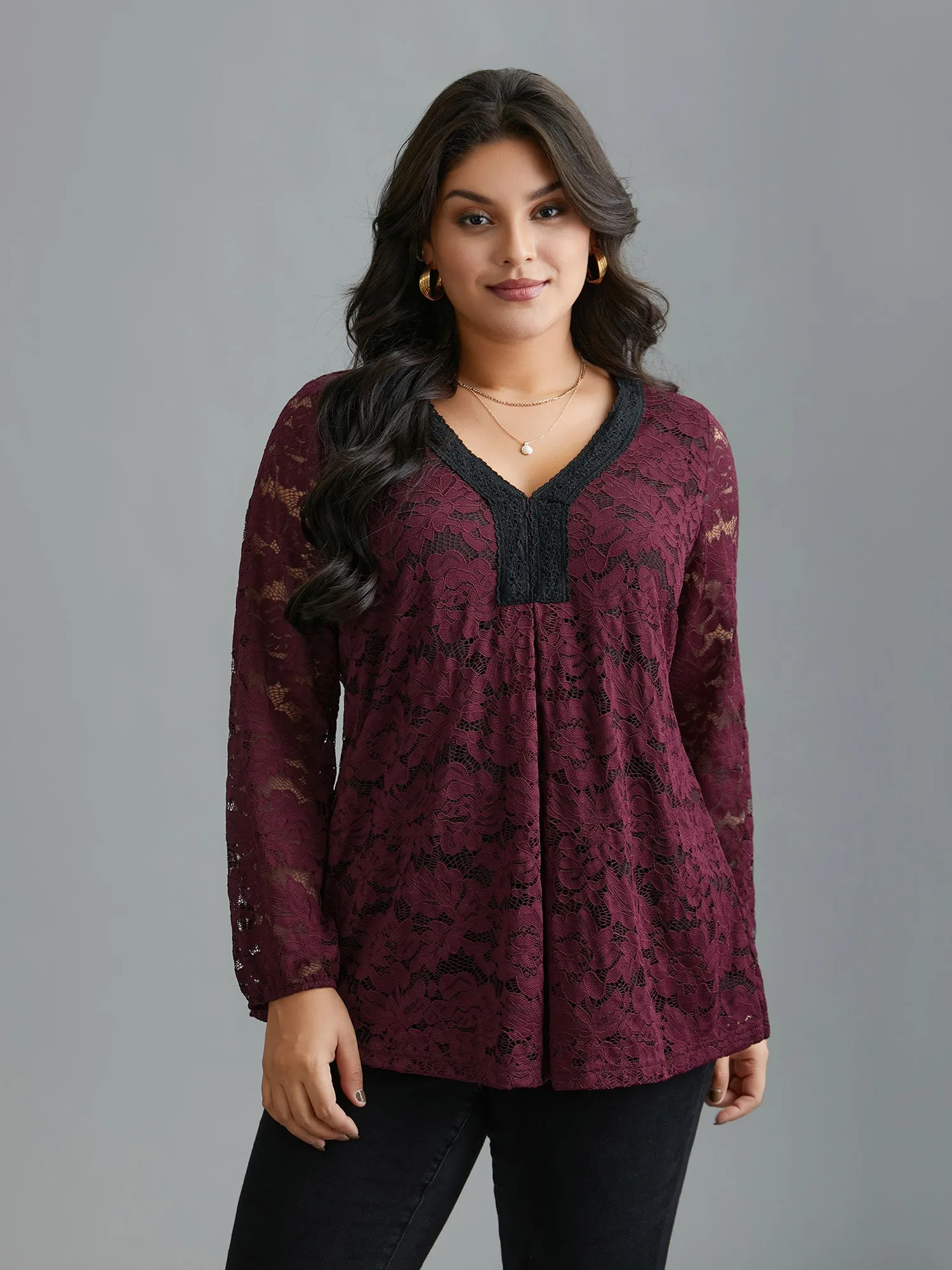 Sheer Lace Sleeve Pleated Slim-Fit Blouse sold by Bloomchic product image thumbnail 4