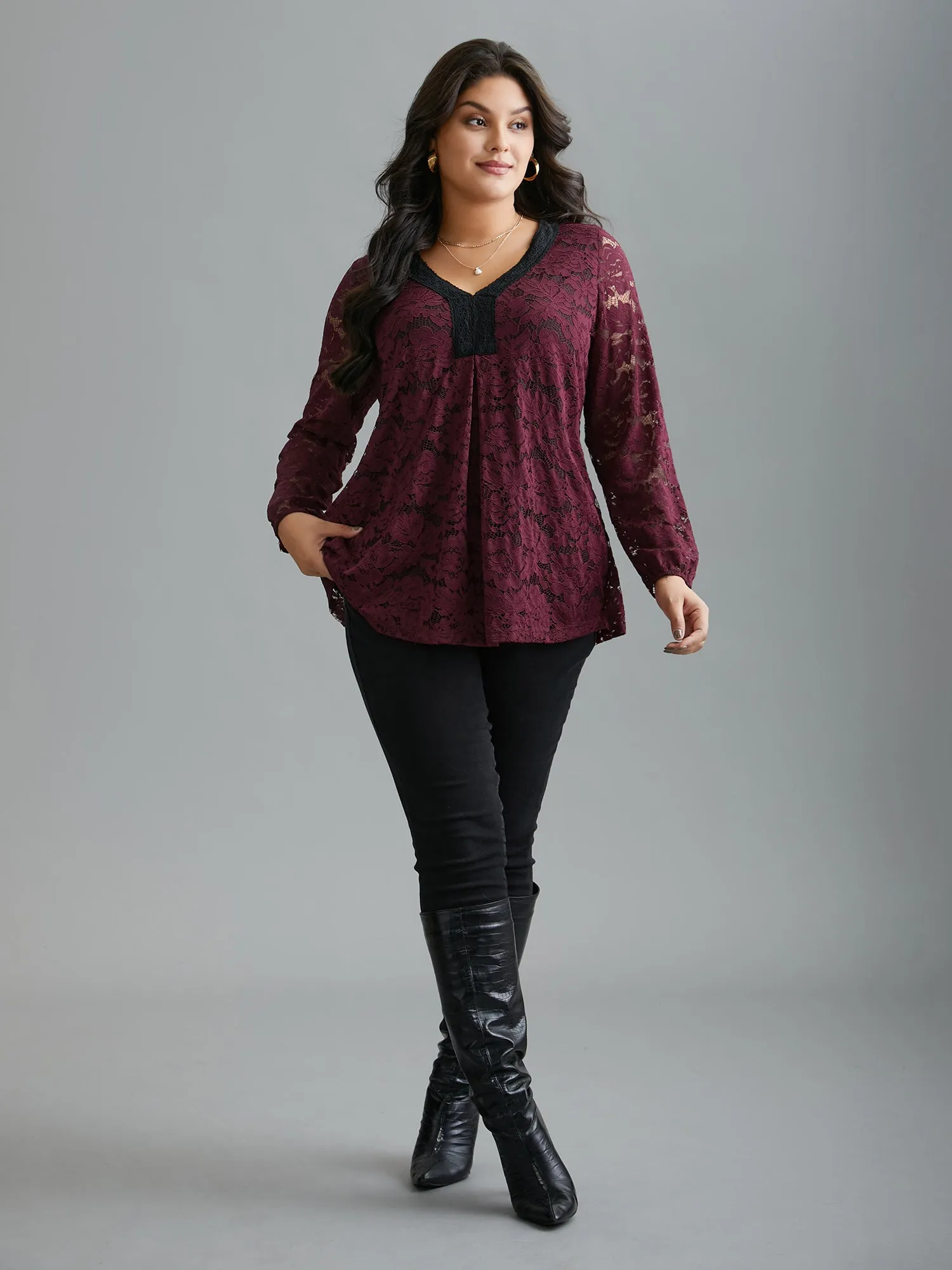 Sheer Lace Sleeve Pleated Slim-Fit Blouse sold by Bloomchic product image thumbnail 2