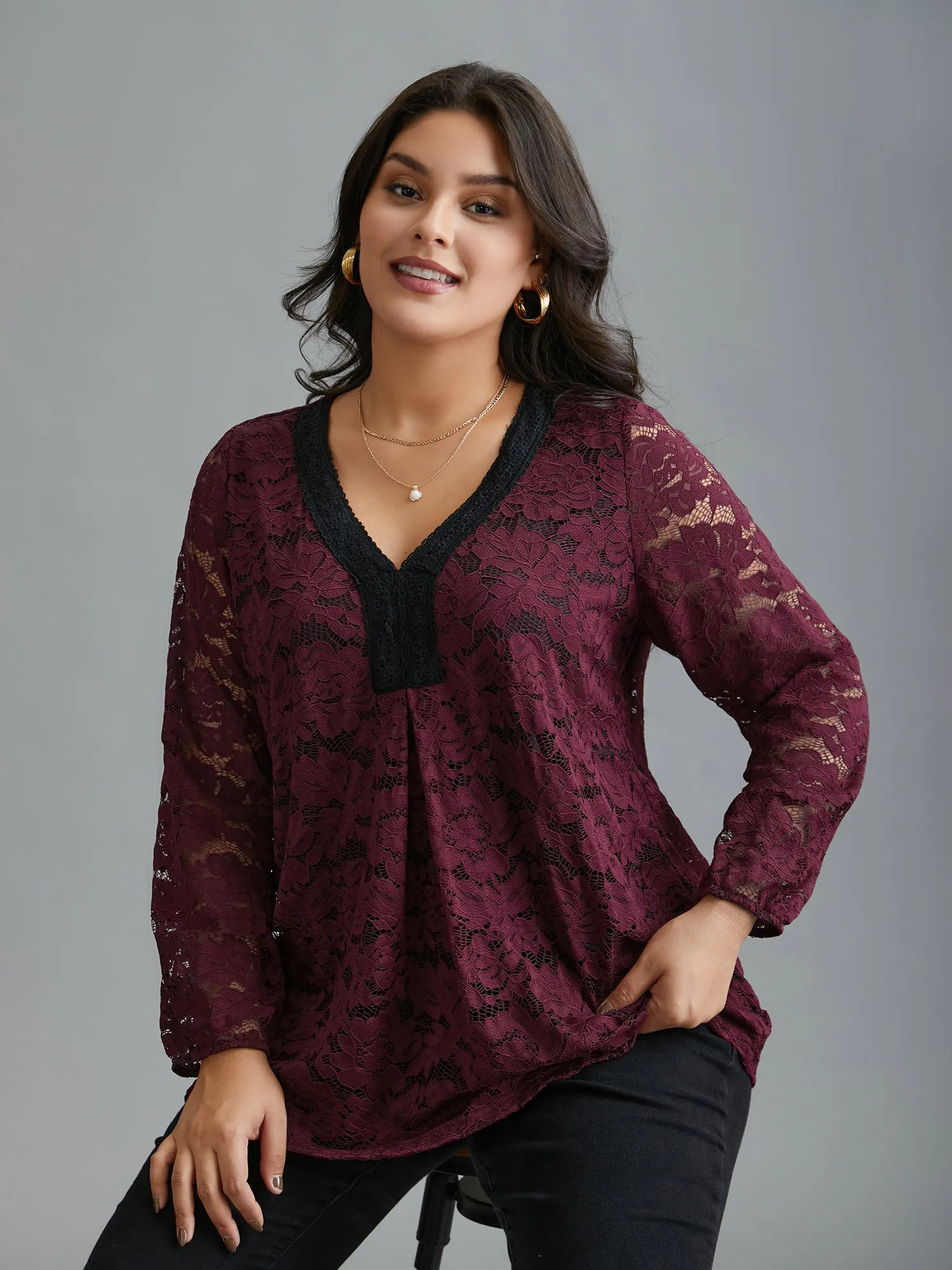 Sheer Lace Sleeve Pleated Slim-Fit Blouse sold by Bloomchic