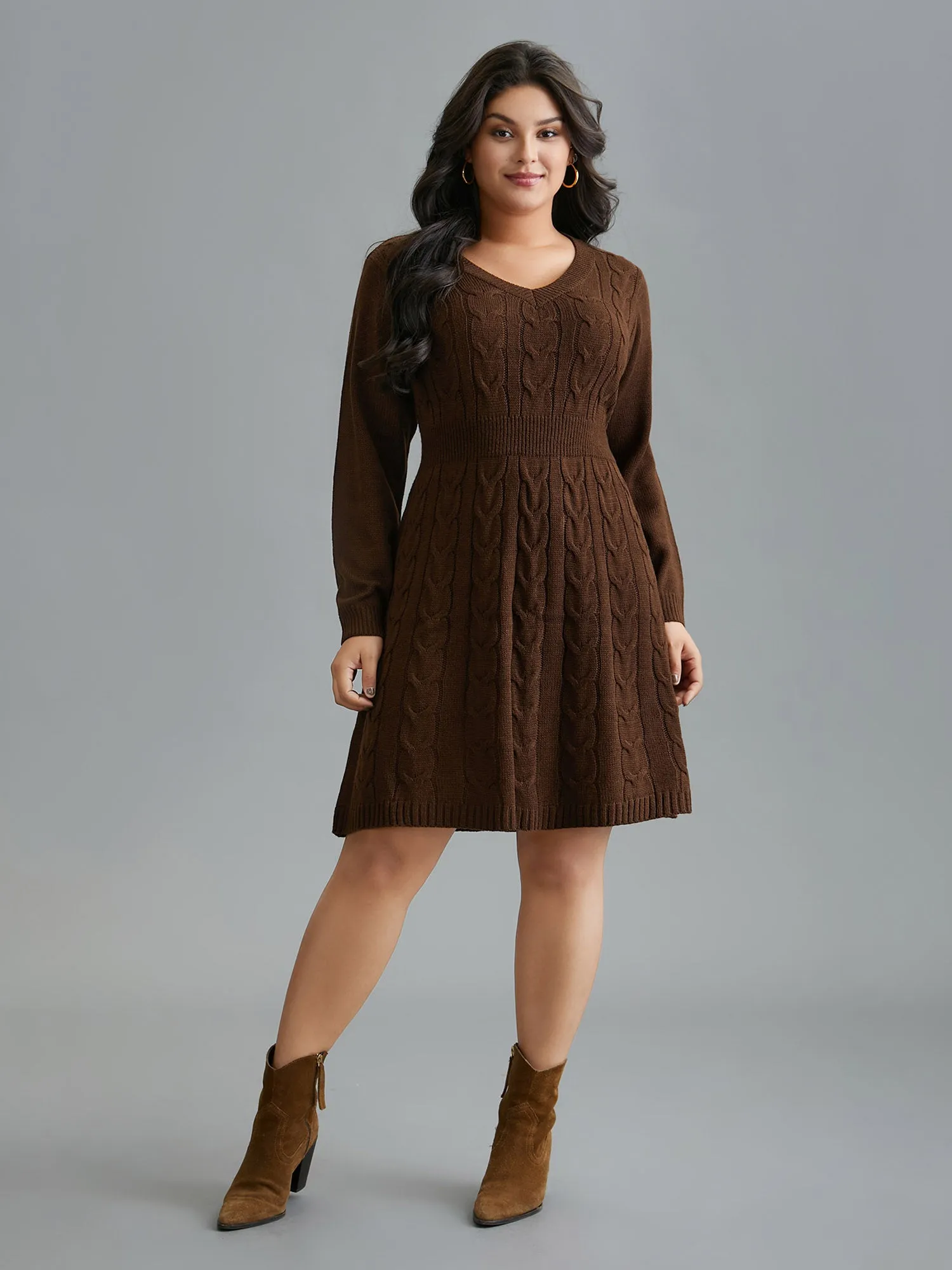 Textured Cable Knit V-Neck Midi Sweater Dress sold by Bloomchic product image thumbnail 4