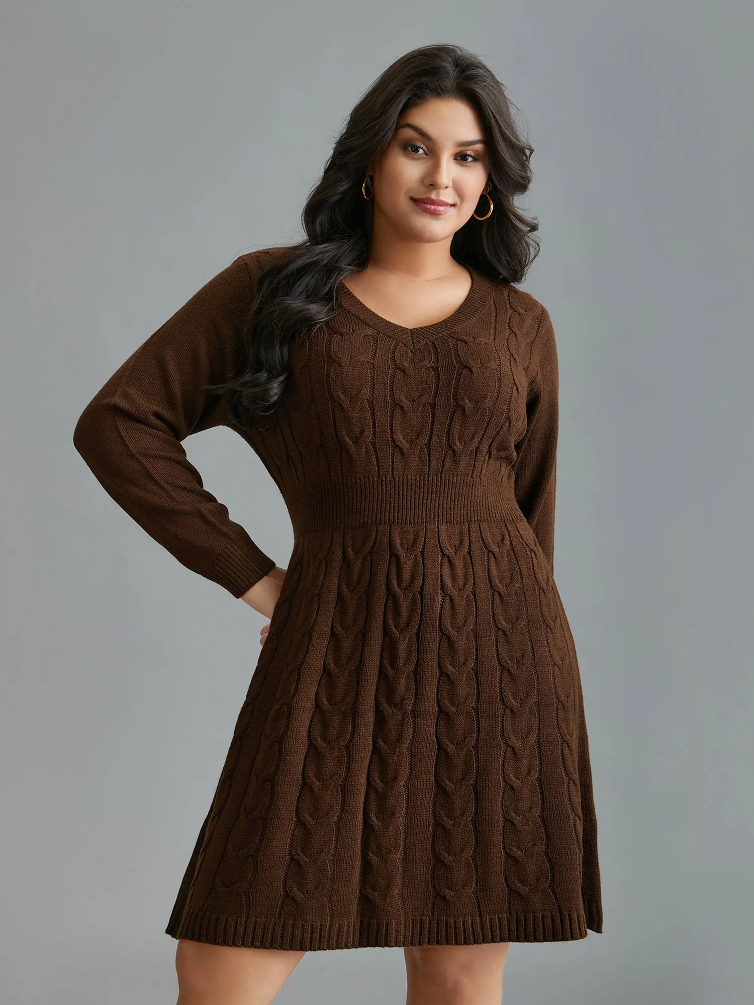 Textured Cable Knit V-Neck Midi Sweater Dress sold by Bloomchic product image thumbnail 3