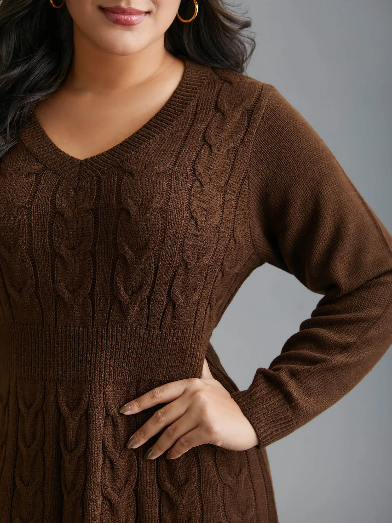 Textured Cable Knit V-Neck Midi Sweater Dress sold by Bloomchic product image thumbnail 5