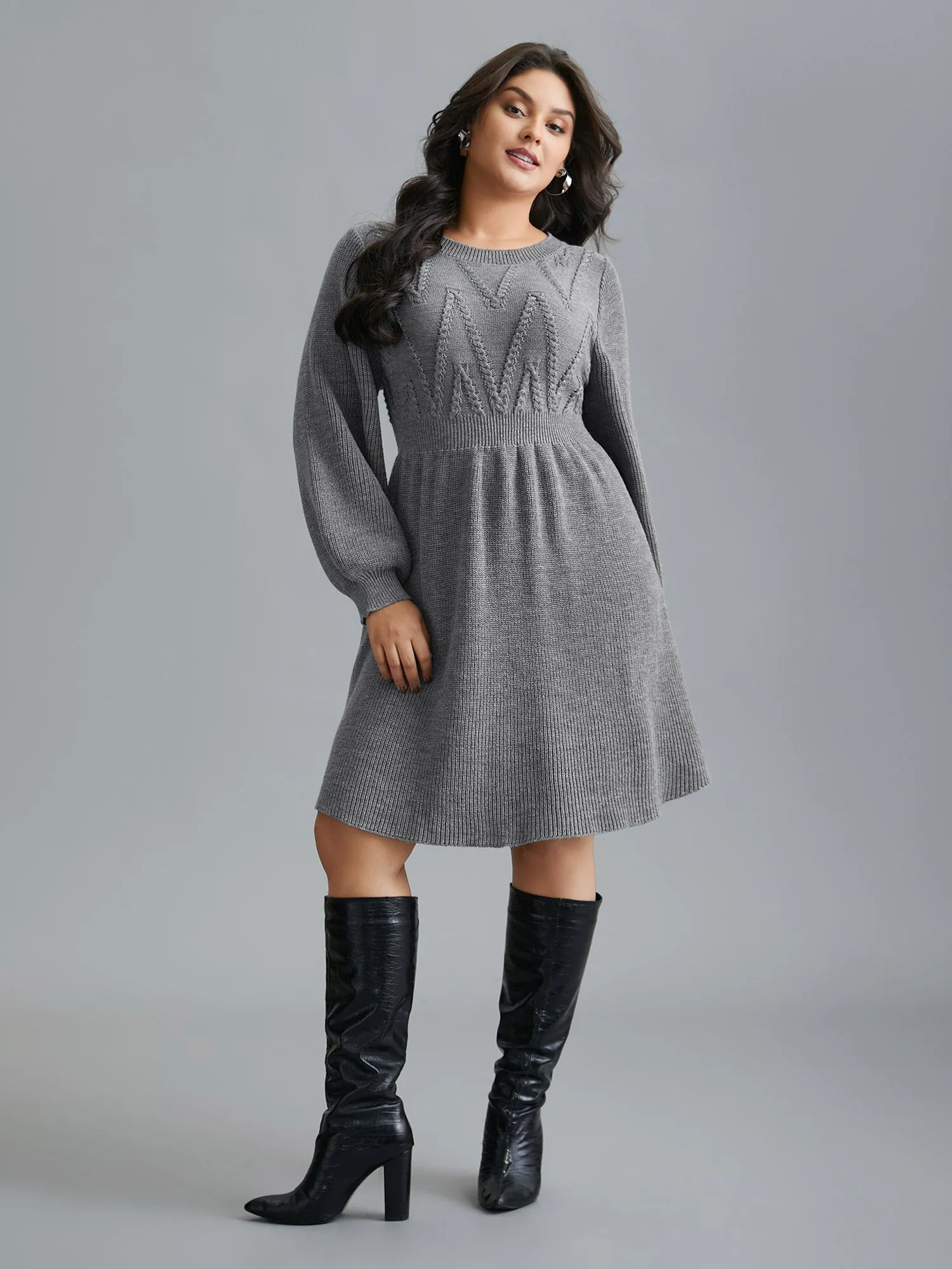 Cable Knit Elastic Waist Midi Sweater Dress sold by Bloomchic product image thumbnail 3