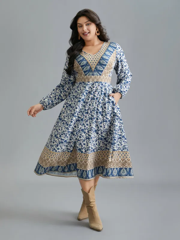 Boho Print V-Neck Waist Cinched Midi Dress sold by Bloomchic