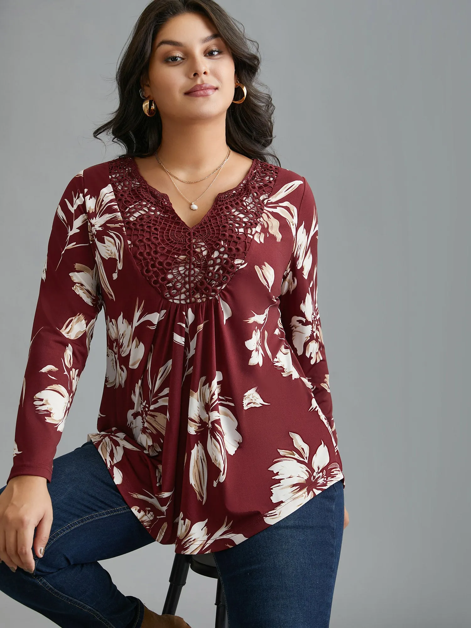 Lace Trim Notched Floral Knit Top sold by Bloomchic