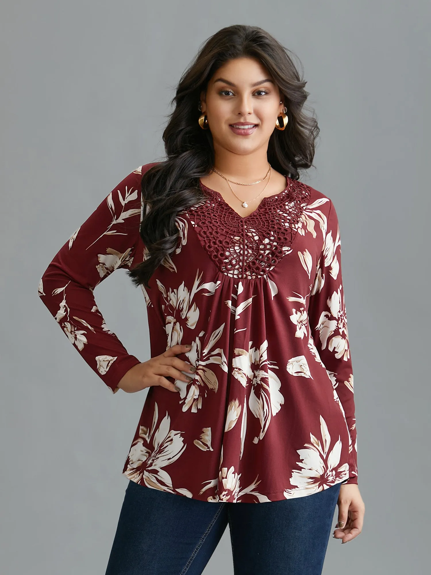 Lace Trim Notched Floral Knit Top sold by Bloomchic product image thumbnail 4