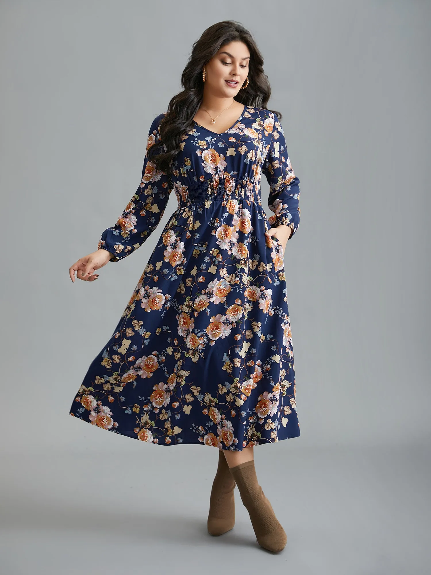 Floral Shirred V-Neck Maxi Dress sold by Bloomchic