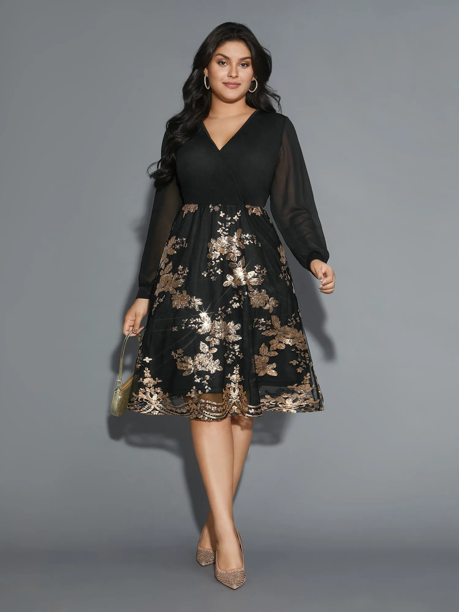 Sequin Overlap Collar Sheer Sleeve Lined Dress sold by Bloomchic product image thumbnail 4