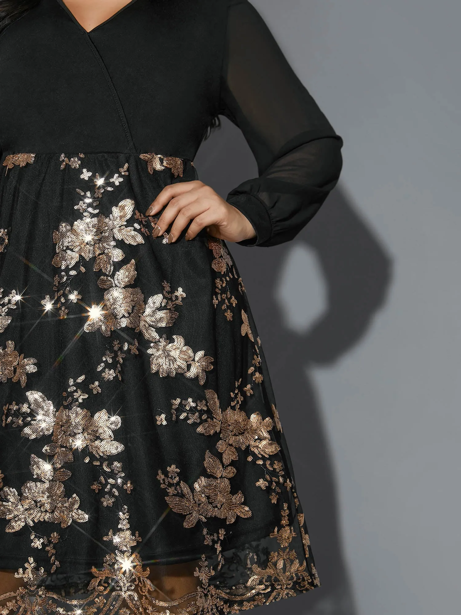 Sequin Overlap Collar Sheer Sleeve Lined Dress sold by Bloomchic product image thumbnail 2