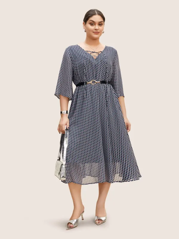 Geometric Mesh Lace Up Bell Sleeve Midi Dress sold by Bloomchic