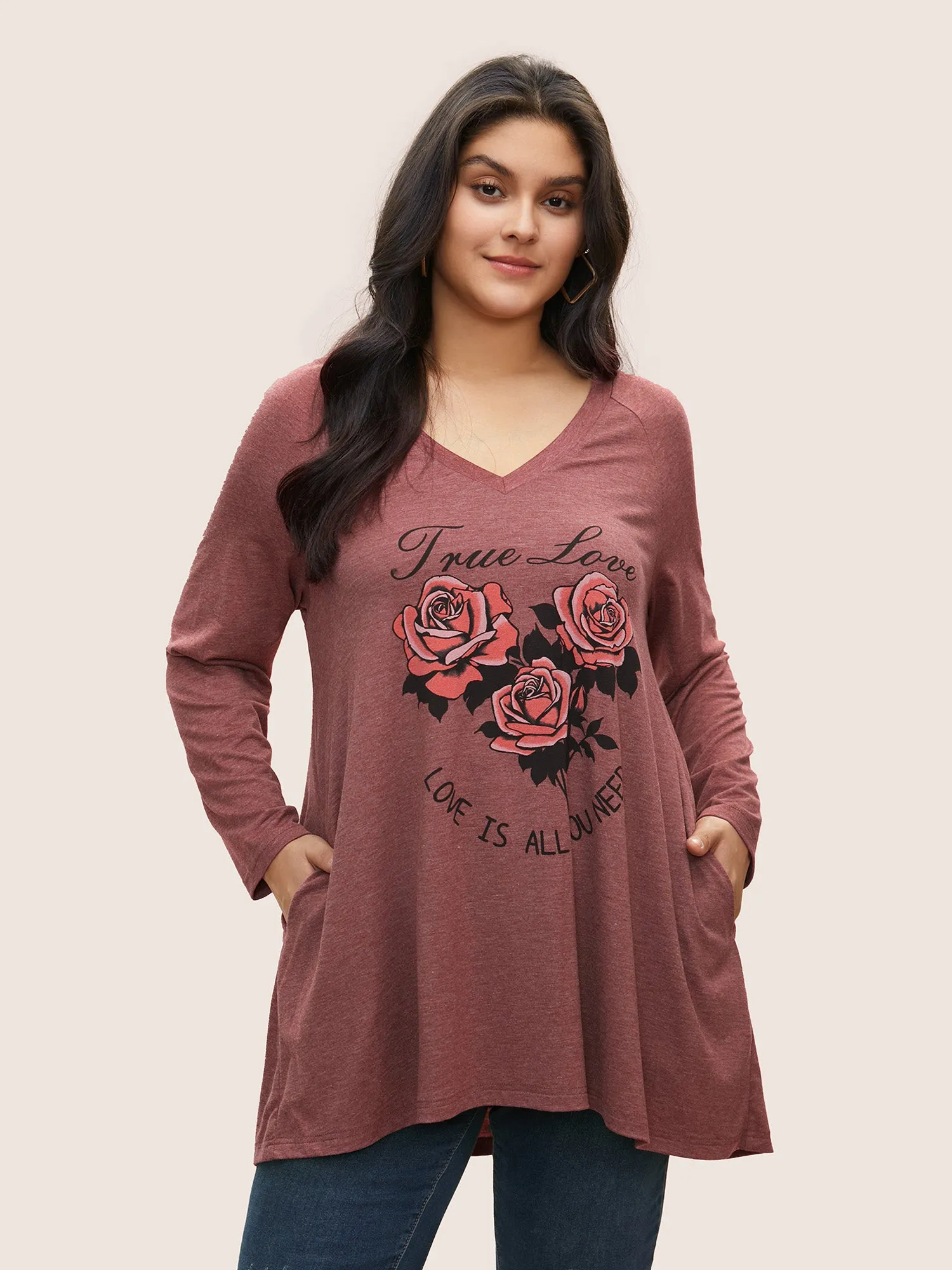 Rose Print Pocket Raglan Sleeve Tunic T-shirt sold by Bloomchic