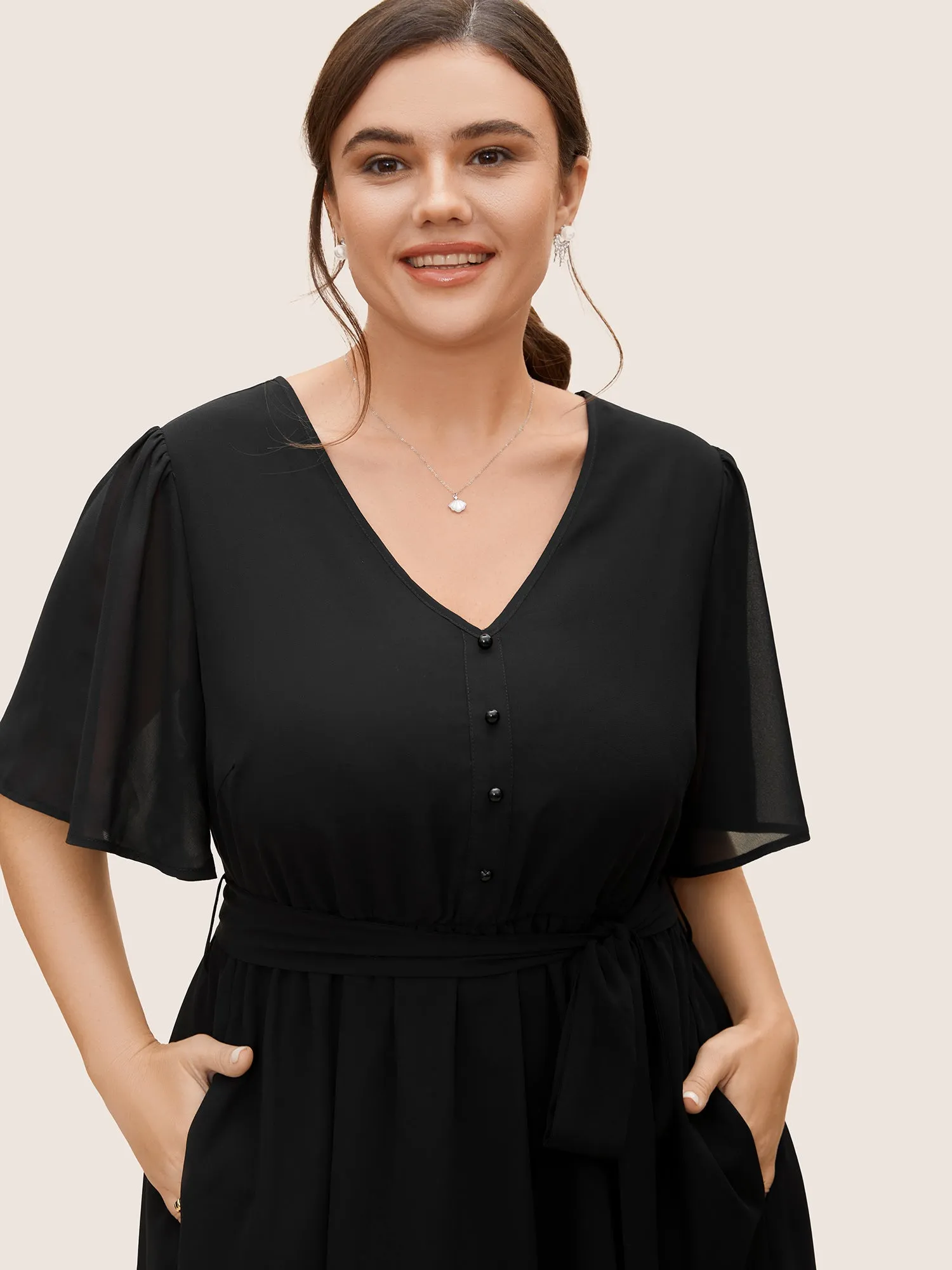 Chiffon Button Detail Flutter Sleeve Dress sold by Bloomchic product image thumbnail 4
