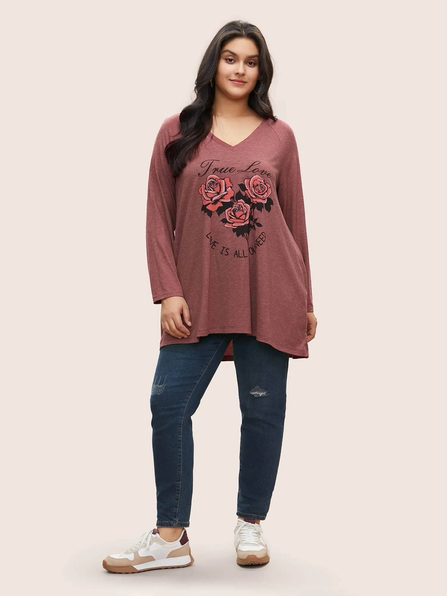 Rose Print Pocket Raglan Sleeve Tunic T-shirt sold by Bloomchic product image thumbnail 3