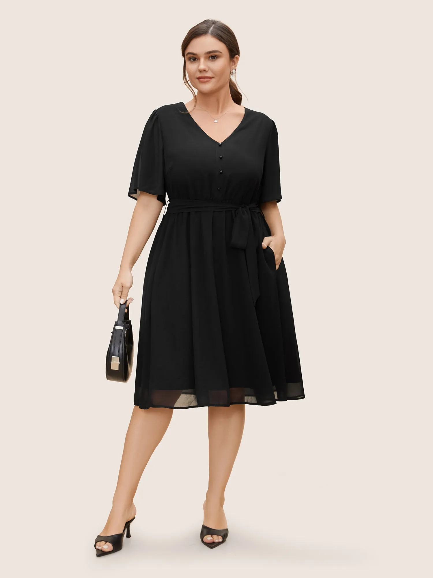 Chiffon Button Detail Flutter Sleeve Dress sold by Bloomchic product image thumbnail 2