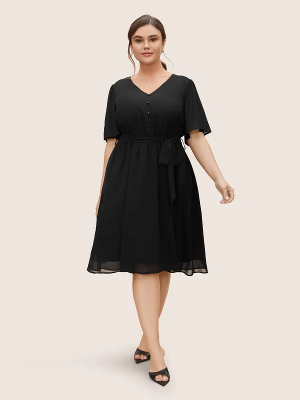 Chiffon Button Detail Flutter Sleeve Dress sold by Bloomchic