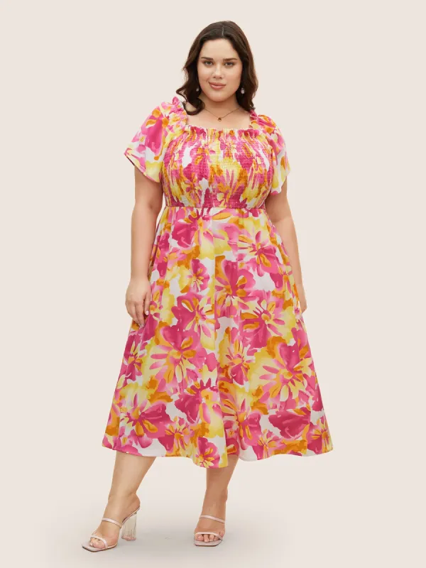 Floral Square Neck Shirred Frill Trim Midi Dress sold by Bloomchic