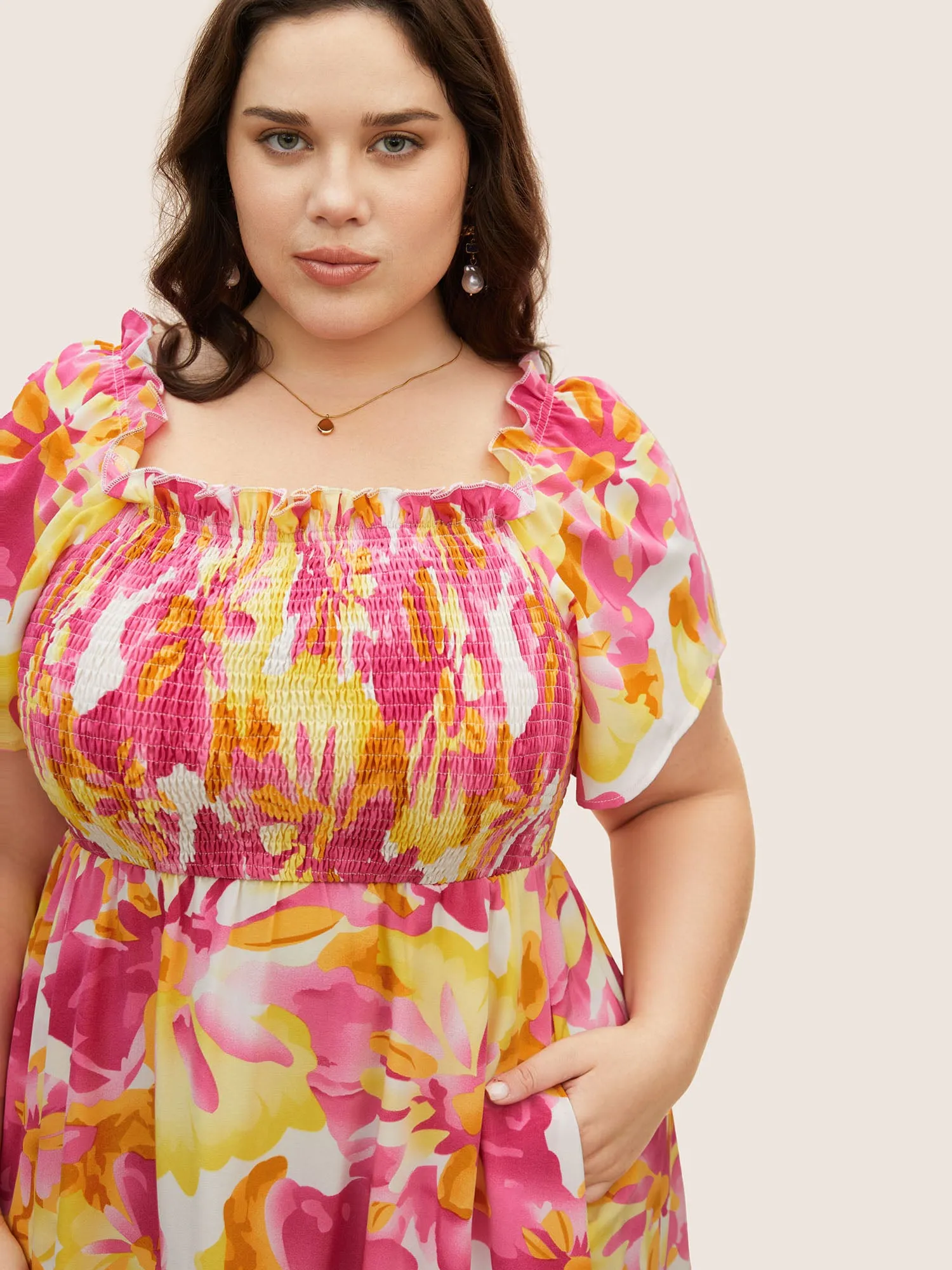 Floral Square Neck Shirred Frill Trim Midi Dress sold by Bloomchic product image thumbnail 4