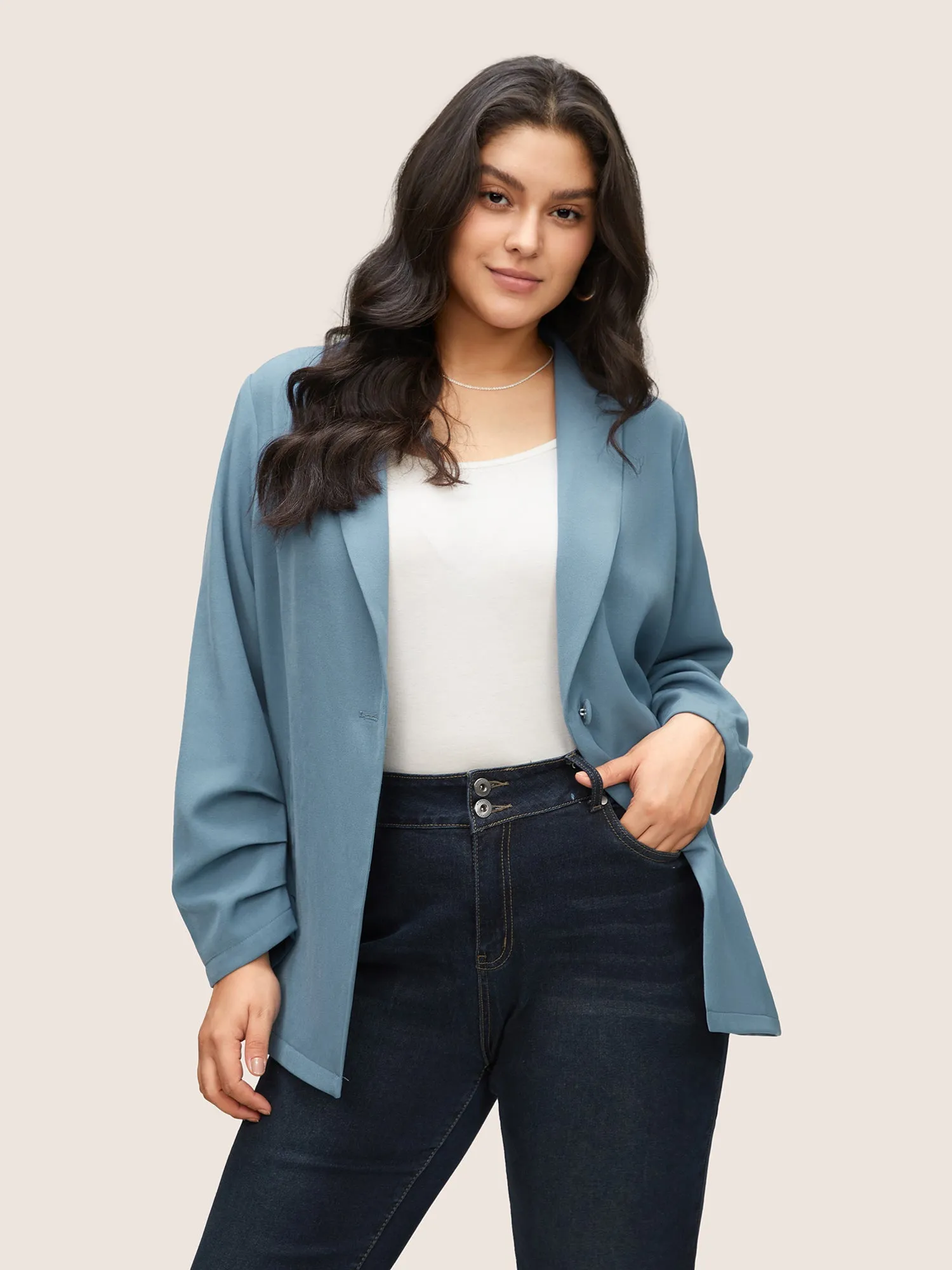 Lapel Collar Pleated Sleeve Button Up Blazer sold by Bloomchic