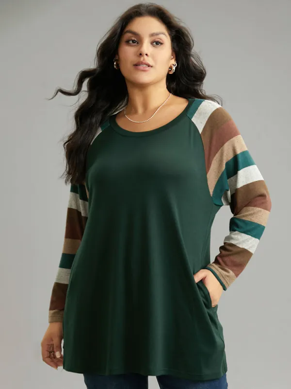 Striped Colorblock Contrast Pocket Raglan Sleeve T-shirt sold by Bloomchic