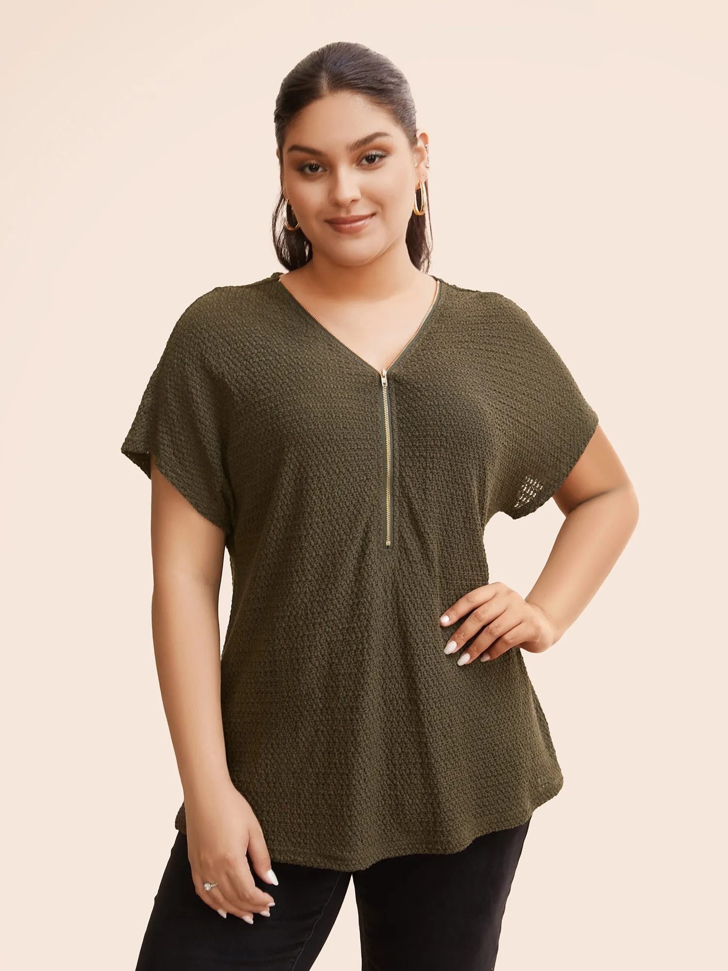 Texture Half Zip Batwing Sleeve T-shirt sold by Bloomchic