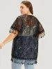 Solid Lace Fringe Trim Open Front Kimono sold by Bloomchic