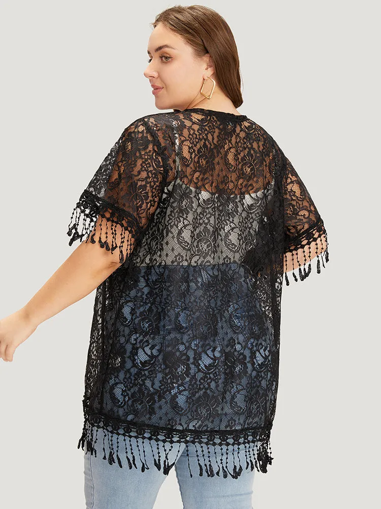 Solid Lace Fringe Trim Open Front Kimono sold by Bloomchic product image thumbnail 4