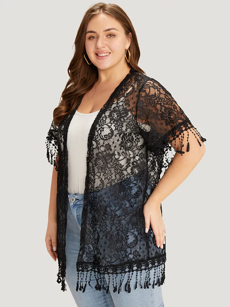 Solid Lace Fringe Trim Open Front Kimono sold by Bloomchic product image thumbnail 3
