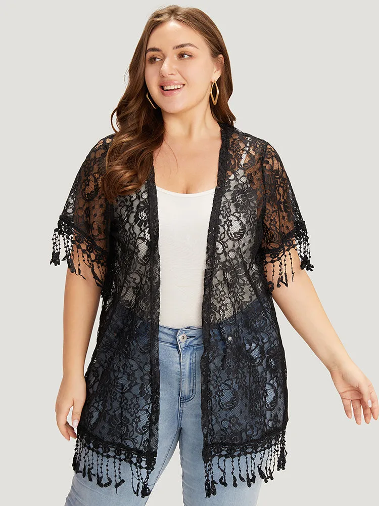 Solid Lace Fringe Trim Open Front Kimono sold by Bloomchic