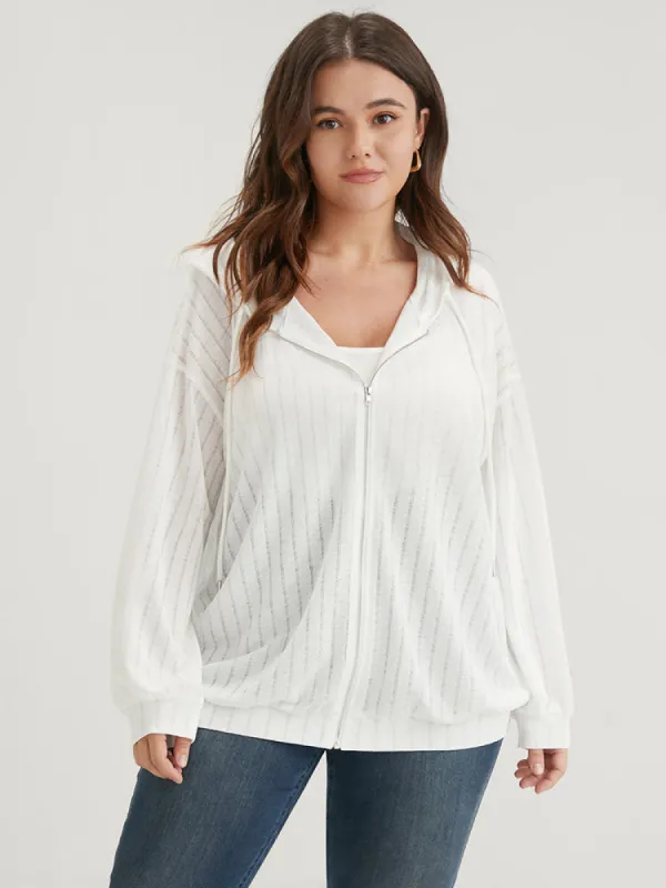 Solid Rib Knit  Zipper Up Drop Shoulder Hooded Sweatshirt sold by Bloomchic