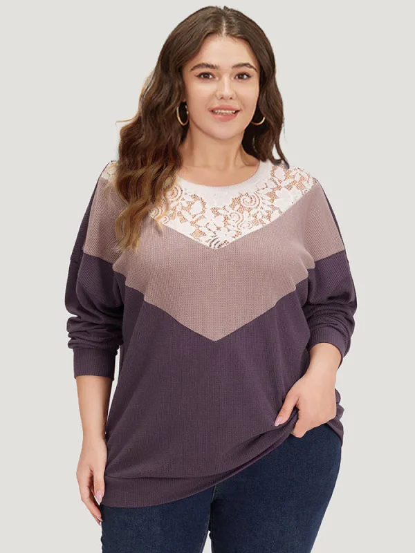 Silhouette Floral Print Lace Patchwork Contrast Sweatshirt sold by Bloomchic