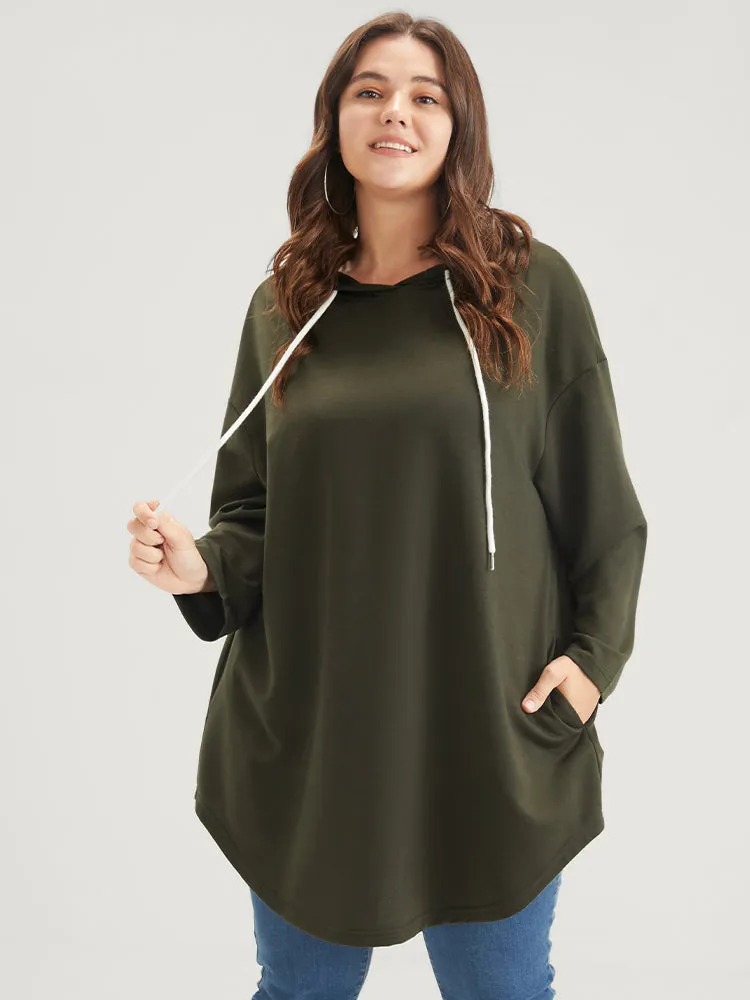 Solid Pocket Arc Hem Drawstring Hooded Sweatshirt sold by Bloomchic product image thumbnail 3