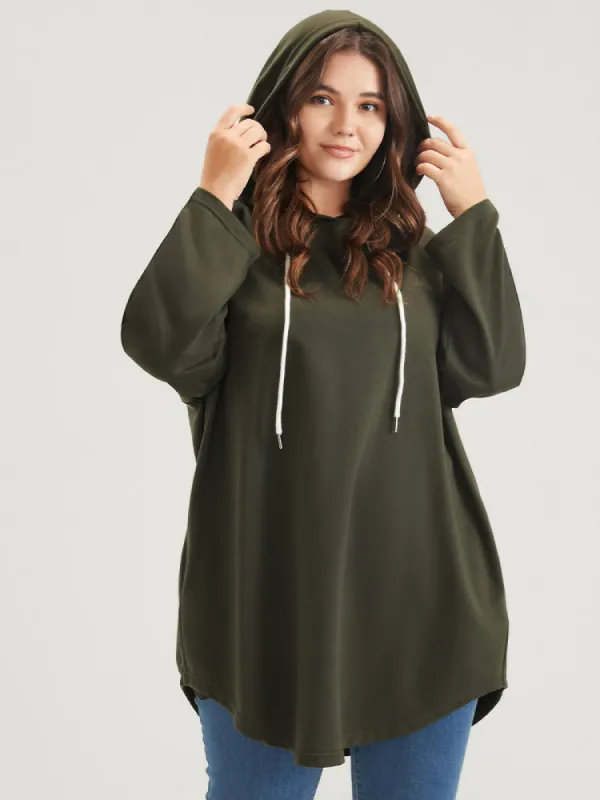 Solid Pocket Arc Hem Drawstring Hooded Sweatshirt sold by Bloomchic