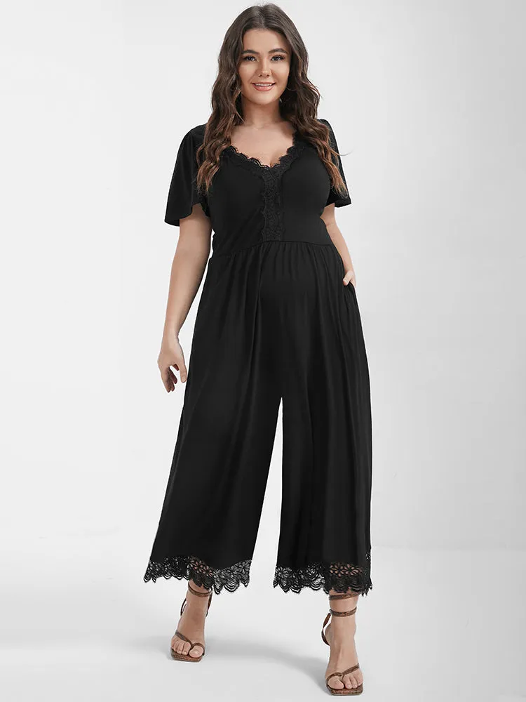 Solid Ruffles Contrast Lace Pocket Jumpsuit sold by Bloomchic