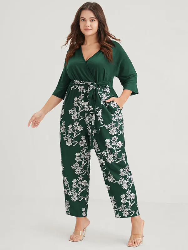 Floral Print Button  Dolman Sleeve Pocket Knotted Wrap Jumpsuit sold by Bloomchic