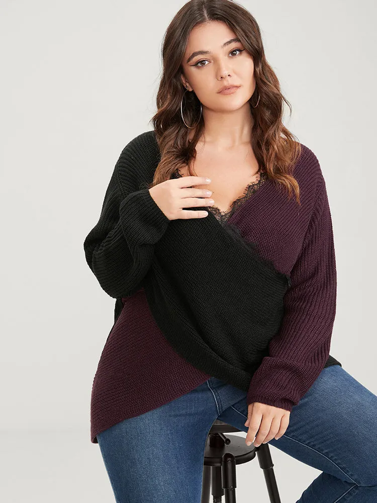 Colorblock Contrast Pointelle Knit Lace Crisscross Knit Top sold by Bloomchic product image thumbnail 3