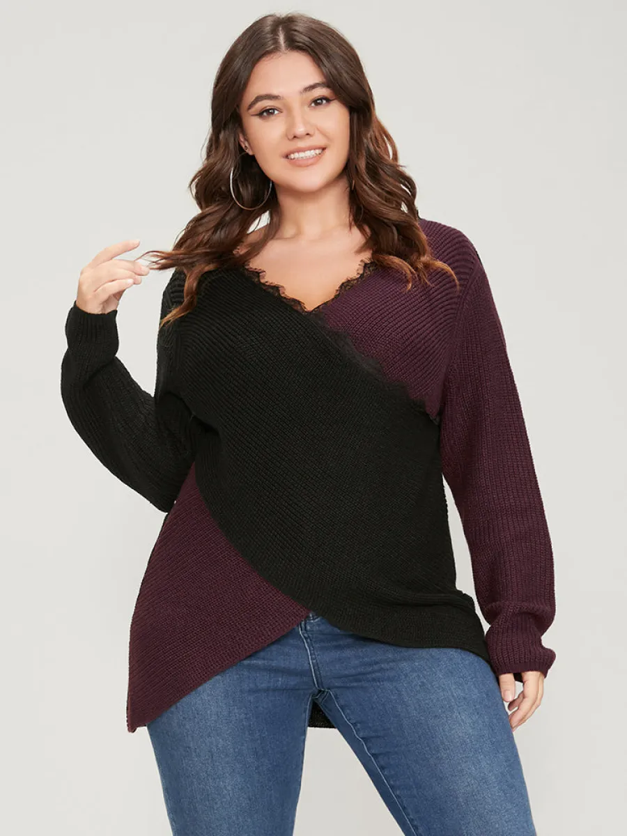Colorblock Contrast Pointelle Knit Lace Crisscross Knit Top sold by Bloomchic