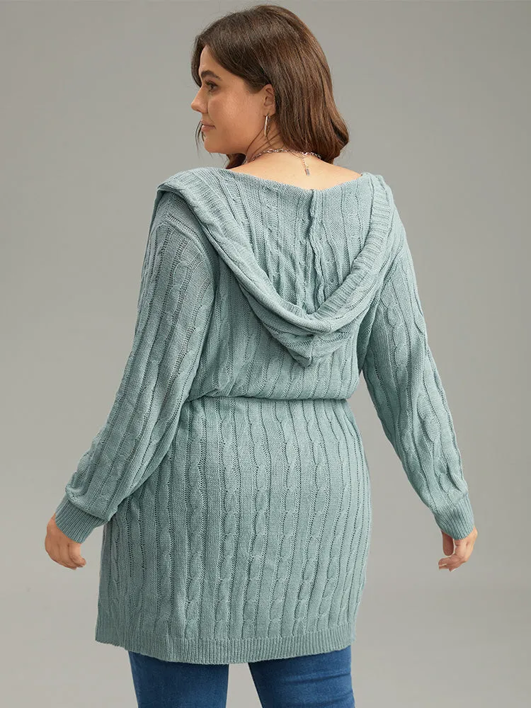 Cable Knit Drawstring Front Hooded Cardigan sold by Bloomchic product image thumbnail 2
