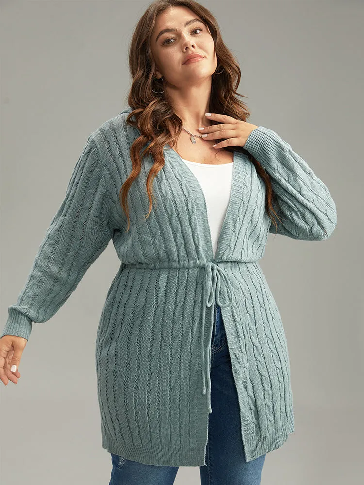 Cable Knit Drawstring Front Hooded Cardigan sold by Bloomchic product image thumbnail 4