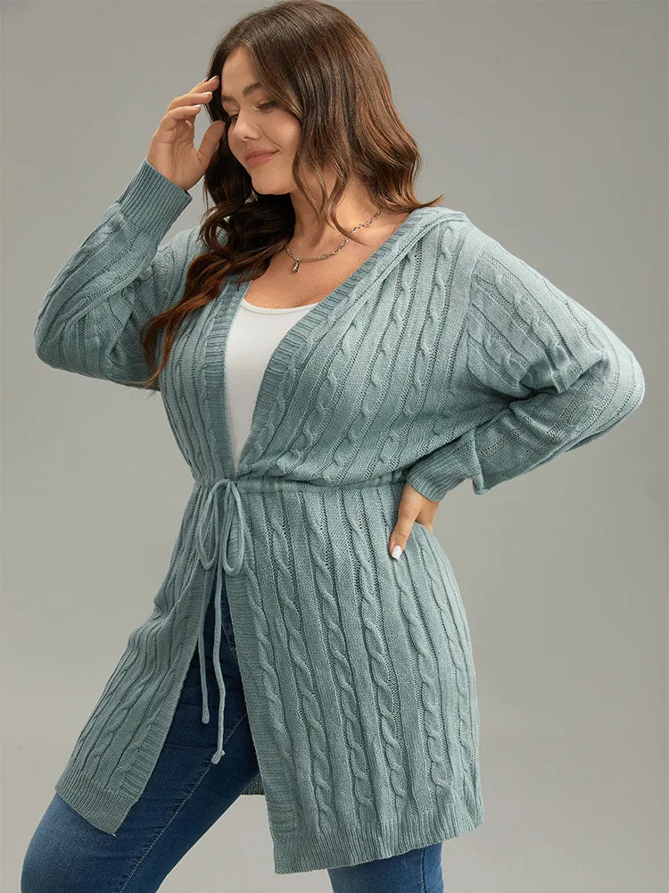 Cable Knit Drawstring Front Hooded Cardigan sold by Bloomchic