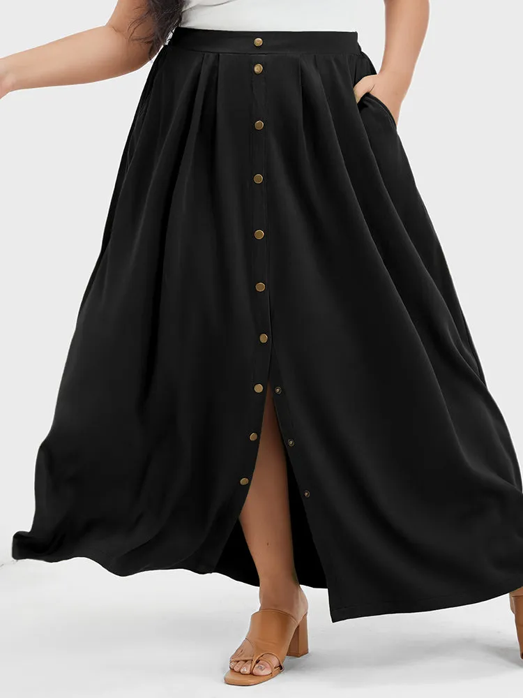 Solid Button Pocket Split Elastic Waist Skirt sold by Bloomchic