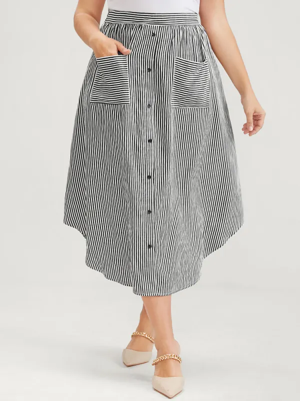 Striped Elastic Waist Pocket Front Button Detail Arc Hem Skirt sold by Bloomchic