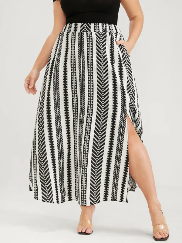 Asymmetrical Striped Geometric Print Elastic Waist Pocket Split Skirt sold by Bloomchic