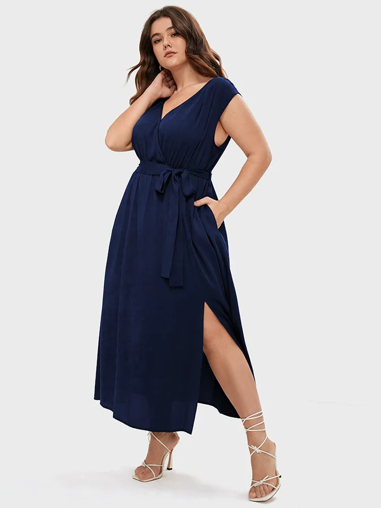Solid Button Pocket Sleeveless Wrap Split Belted Dress sold by Bloomchic product image thumbnail 4