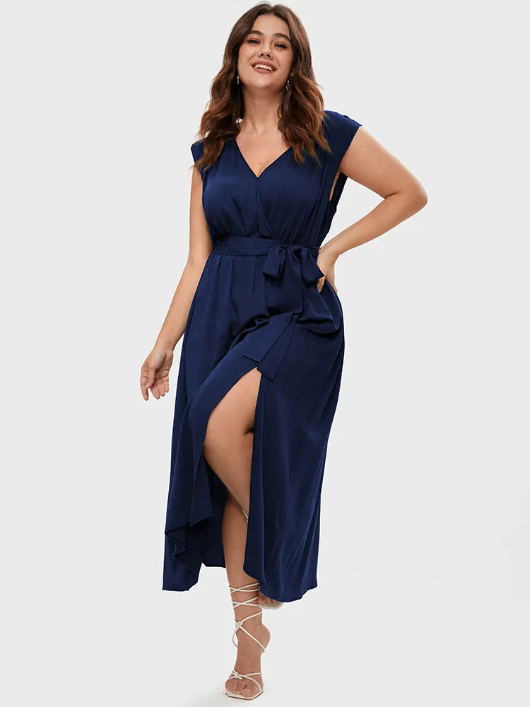 Solid Button Pocket Sleeveless Wrap Split Belted Dress sold by Bloomchic product image thumbnail 3