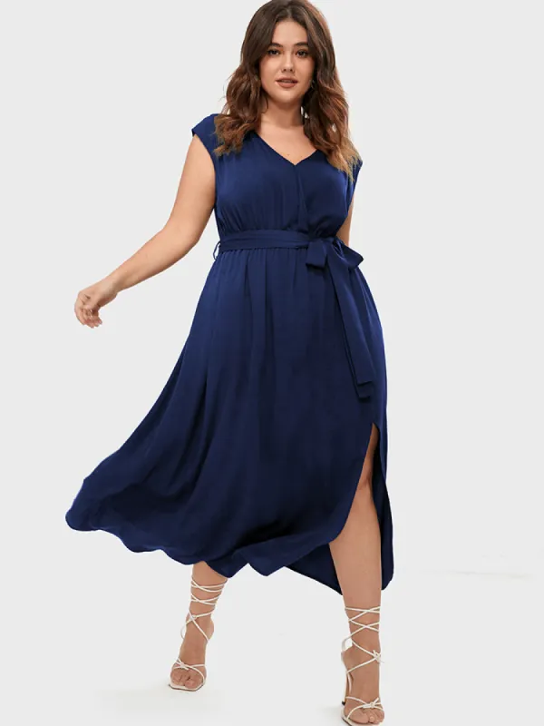 Solid Button Pocket Sleeveless Wrap Split Belted Dress sold by Bloomchic