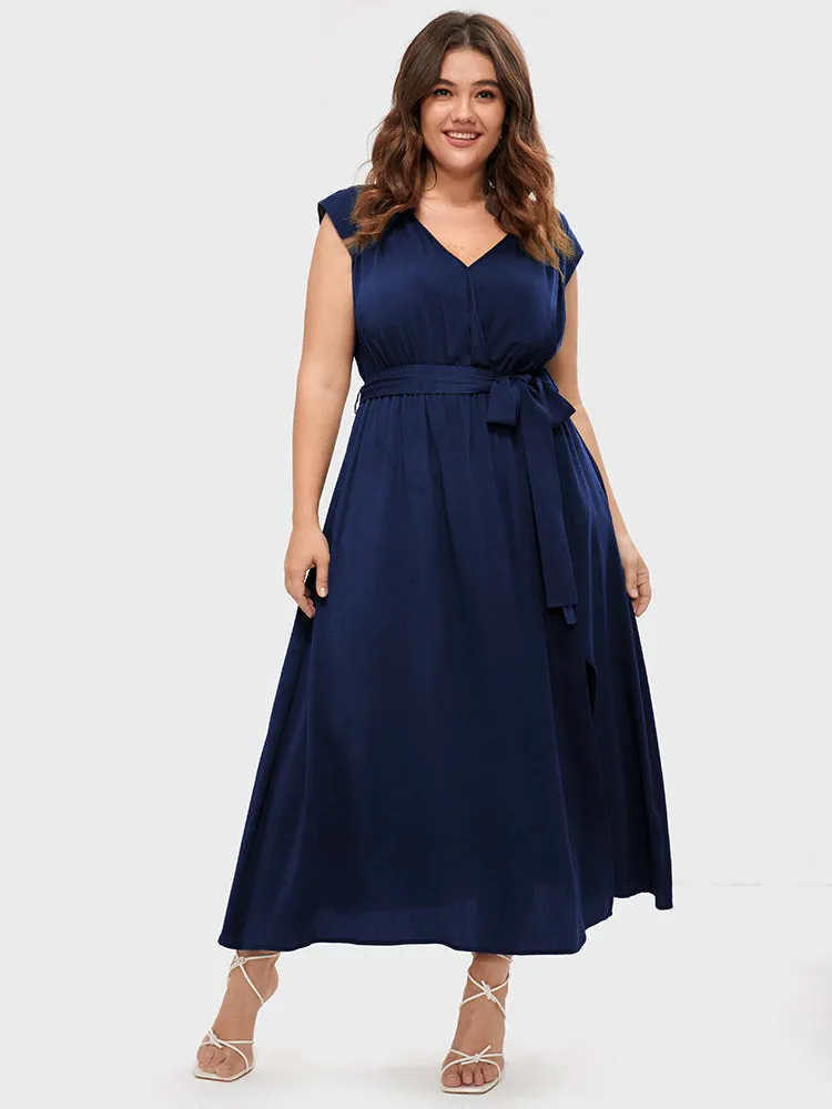 Solid Button Pocket Sleeveless Wrap Split Belted Dress sold by Bloomchic product image thumbnail 2