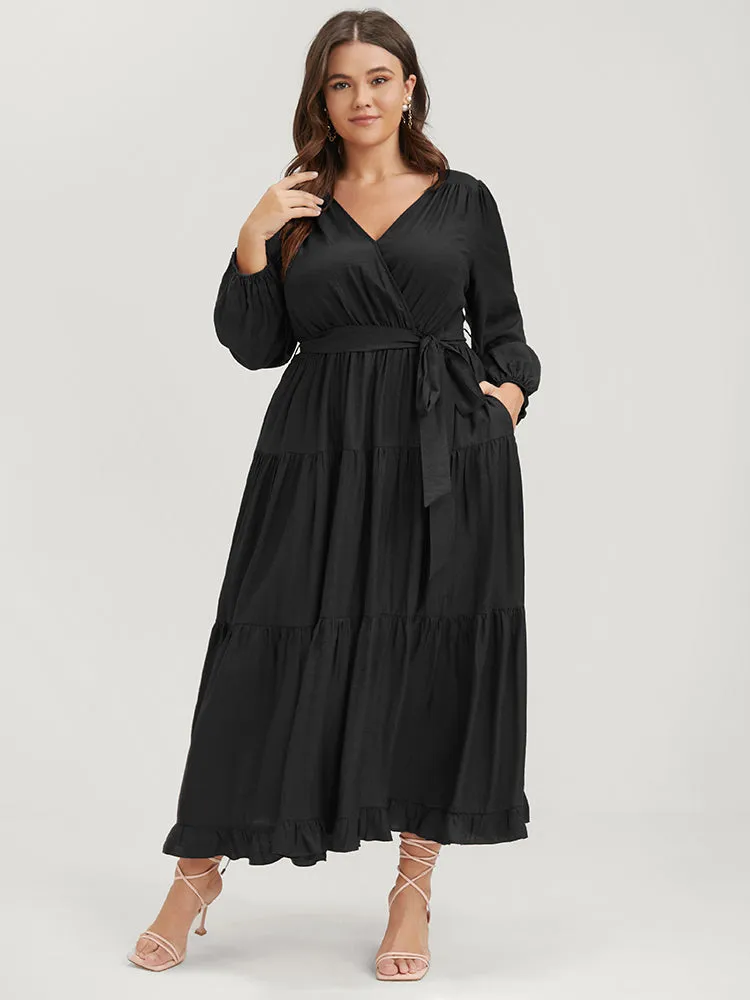 Solid Pocket Flutter Tiered Lantern Sleeve Belted Dress sold by Bloomchic product image thumbnail 2