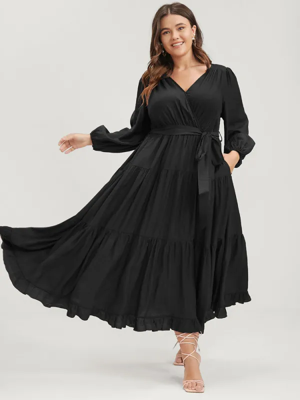 Solid Pocket Flutter Tiered Lantern Sleeve Belted Dress sold by Bloomchic